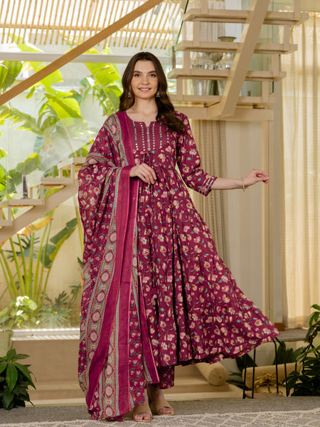 Burgundy Pure Cotton Printed Mirror Embroidered Anarkali Kurta, Pant & Dupatta Set Mizaz Jaipur