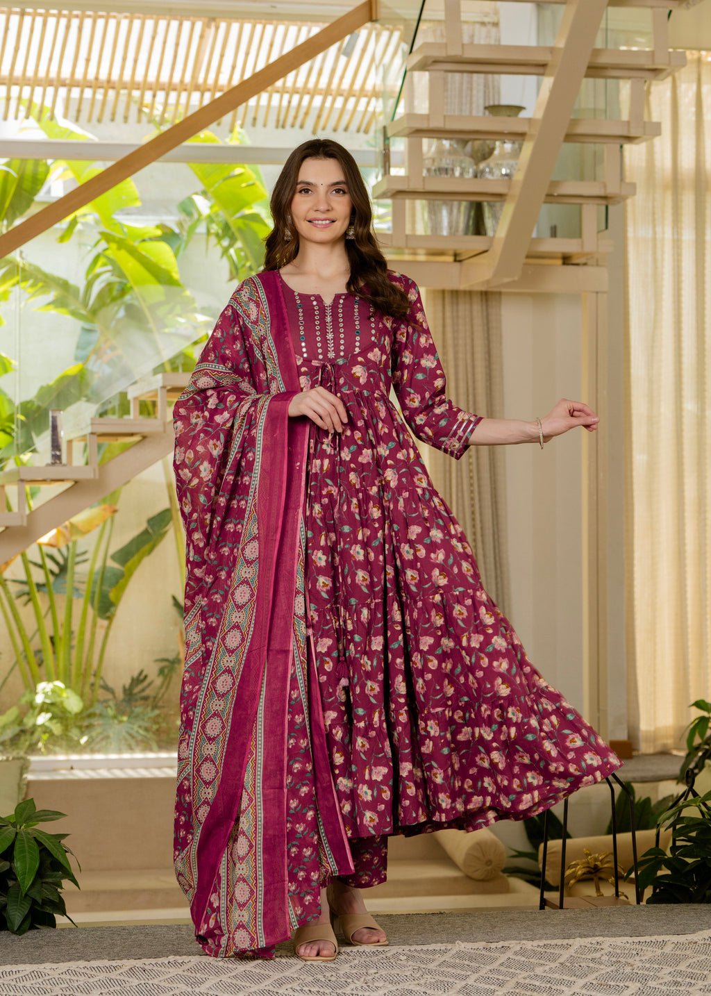 Burgundy Pure Cotton Printed Mirror Embroidered Anarkali Kurta, Pant & Dupatta Set Mizaz Jaipur
