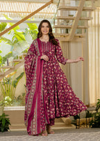 Burgundy Pure Cotton Printed Mirror Embroidered Anarkali Kurta, Pant & Dupatta Set Mizaz Jaipur