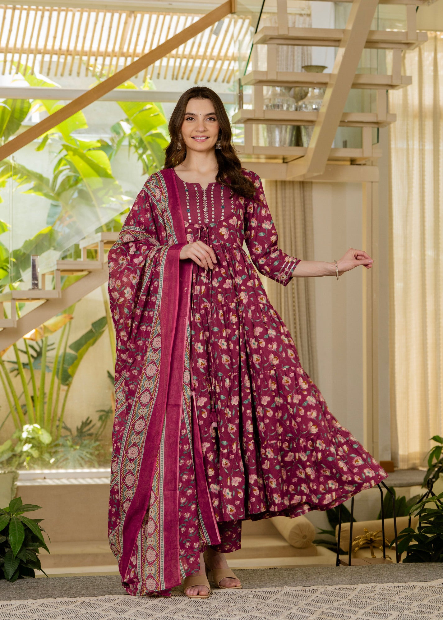 Burgundy Pure Cotton Printed Mirror Embroidered Anarkali Kurta, Pant & Dupatta Set Mizaz Jaipur