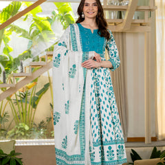 Blue Pure Cotton Printed Round Nack 3/4 Sleeves Calf Length Anarkali Kurta, Pant & Dupatta Set Mizaz Jaipur