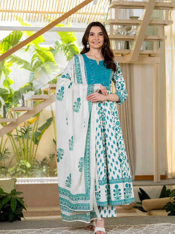 Blue Pure Cotton Printed Round Nack 3/4 Sleeves Calf Length Anarkali Kurta, Pant & Dupatta Set Mizaz Jaipur