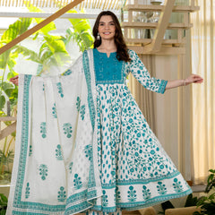 Blue Pure Cotton Printed Round Nack 3/4 Sleeves Calf Length Anarkali Kurta, Pant & Dupatta Set Mizaz Jaipur