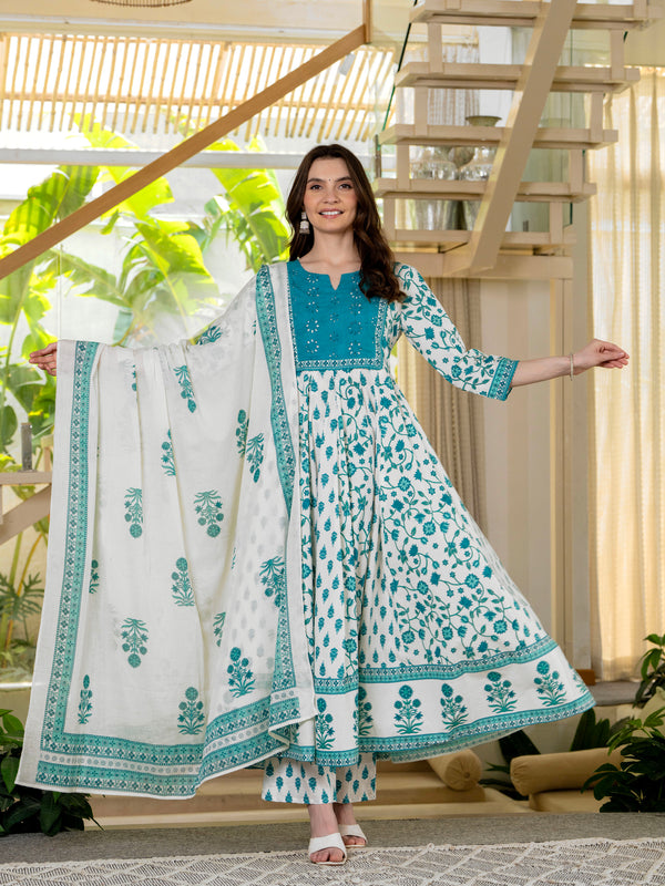 Blue Pure Cotton Printed Round Nack 3/4 Sleeves Calf Length Anarkali Kurta, Pant & Dupatta Set Mizaz Jaipur