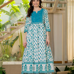 Blue Pure Cotton Printed Round Nack 3/4 Sleeves Calf Length Anarkali Kurta, Pant & Dupatta Set Mizaz Jaipur