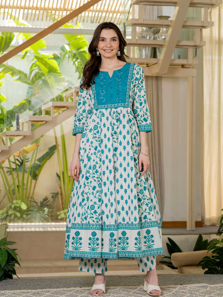 Blue Pure Cotton Printed Round Nack 3/4 Sleeves Calf Length Anarkali Kurta, Pant & Dupatta Set Mizaz Jaipur