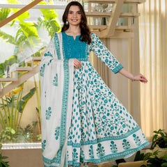 Blue Pure Cotton Printed Round Nack 3/4 Sleeves Calf Length Anarkali Kurta, Pant & Dupatta Set Mizaz Jaipur
