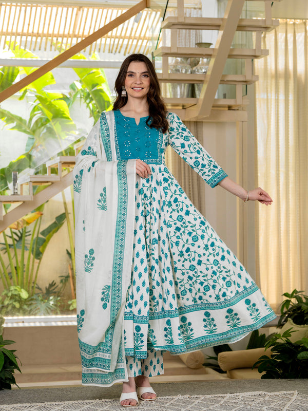 Blue Pure Cotton Printed Round Nack 3/4 Sleeves Calf Length Anarkali Kurta, Pant & Dupatta Set Mizaz Jaipur