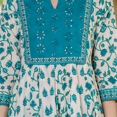 Blue Pure Cotton Printed Round Nack 3/4 Sleeves Calf Length Anarkali Kurta, Pant & Dupatta Set Mizaz Jaipur