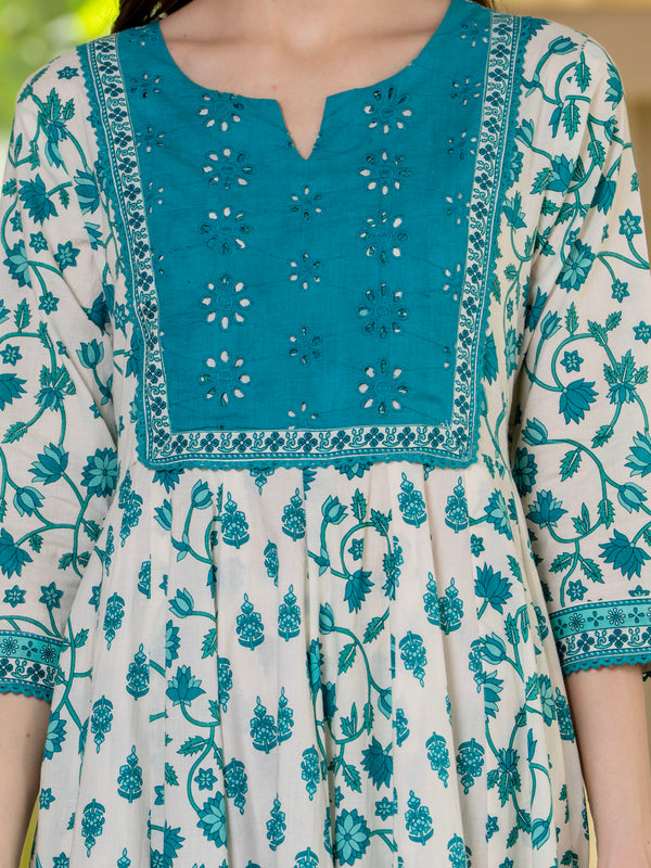 Blue Pure Cotton Printed Round Nack 3/4 Sleeves Calf Length Anarkali Kurta, Pant & Dupatta Set Mizaz Jaipur