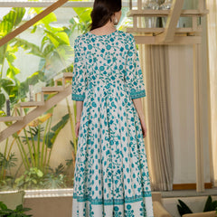 Blue Pure Cotton Printed Round Nack 3/4 Sleeves Calf Length Anarkali Kurta, Pant & Dupatta Set Mizaz Jaipur