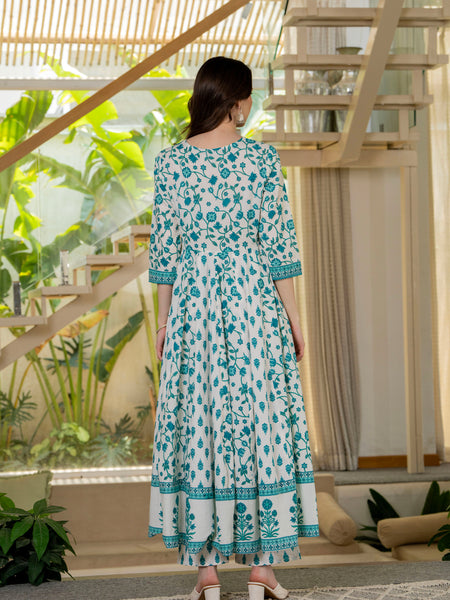 Blue Pure Cotton Printed Round Nack 3/4 Sleeves Calf Length Anarkali Kurta, Pant & Dupatta Set Mizaz Jaipur
