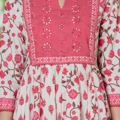 Pink Pure Cotton Printed Round Neck 3/4 Sleeves Calf Length Anarkali Kurta, Pant & Dupatta Set Mizaz Jaipur