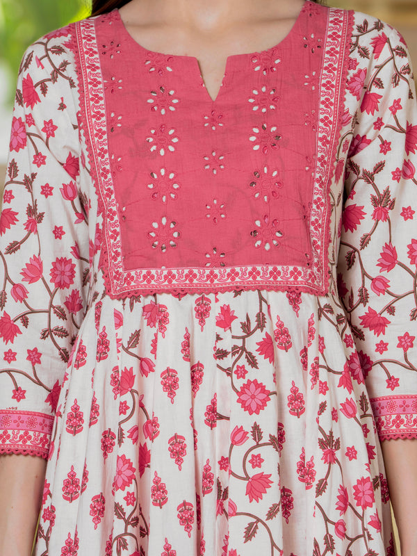 Pink Pure Cotton Printed Round Neck 3/4 Sleeves Calf Length Anarkali Kurta, Pant & Dupatta Set Mizaz Jaipur