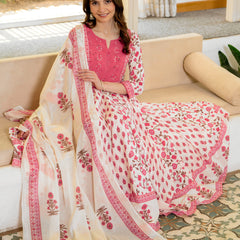 Pink Pure Cotton Printed Round Neck 3/4 Sleeves Calf Length Anarkali Kurta, Pant & Dupatta Set Mizaz Jaipur