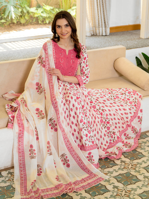 Pink Pure Cotton Printed Round Neck 3/4 Sleeves Calf Length Anarkali Kurta, Pant & Dupatta Set Mizaz Jaipur