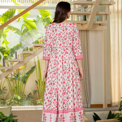 Pink Pure Cotton Printed Round Neck 3/4 Sleeves Calf Length Anarkali Kurta, Pant & Dupatta Set Mizaz Jaipur
