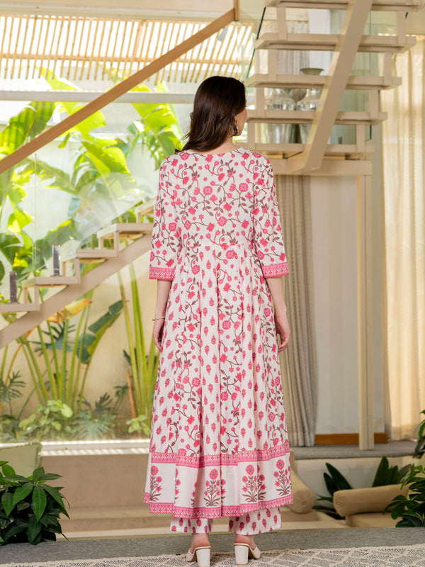 Pink Pure Cotton Printed Round Neck 3/4 Sleeves Calf Length Anarkali Kurta, Pant & Dupatta Set Mizaz Jaipur
