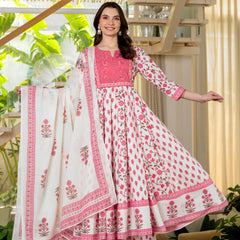 Pink Pure Cotton Printed Round Neck 3/4 Sleeves Calf Length Anarkali Kurta, Pant & Dupatta Set Mizaz Jaipur