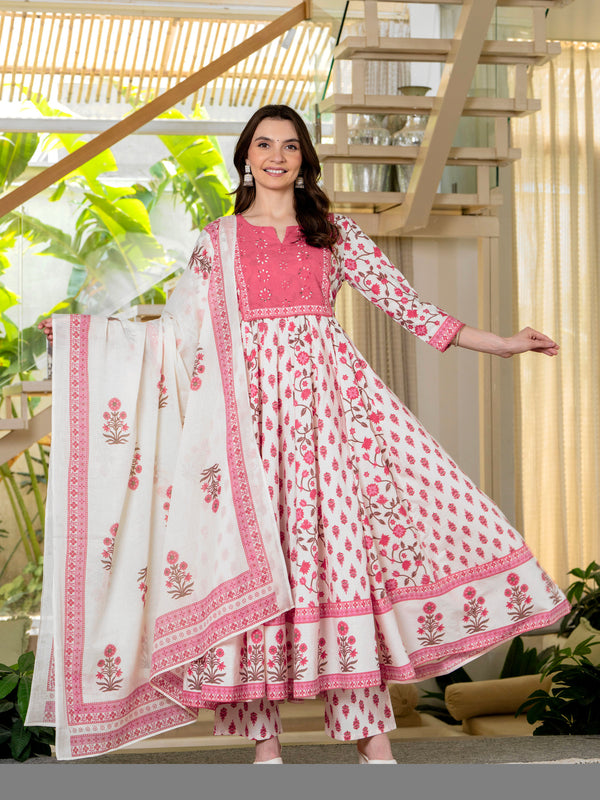 Pink Pure Cotton Printed Round Neck 3/4 Sleeves Calf Length Anarkali Kurta, Pant & Dupatta Set Mizaz Jaipur