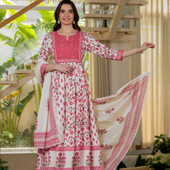 Pink Pure Cotton Printed Round Neck 3/4 Sleeves Calf Length Anarkali Kurta, Pant & Dupatta Set Mizaz Jaipur