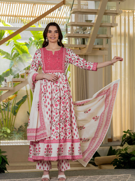 Pink Pure Cotton Printed Round Neck 3/4 Sleeves Calf Length Anarkali Kurta, Pant & Dupatta Set Mizaz Jaipur