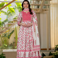 Pink Pure Cotton Printed Round Neck 3/4 Sleeves Calf Length Anarkali Kurta, Pant & Dupatta Set Mizaz Jaipur