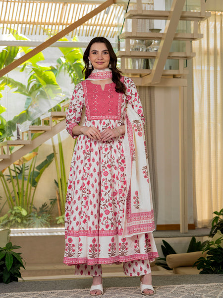 Pink Pure Cotton Printed Round Neck 3/4 Sleeves Calf Length Anarkali Kurta, Pant & Dupatta Set Mizaz Jaipur
