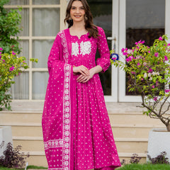 Pink Pure Cotton Printed Thread Work Round Neck 3/4 Sleeves Calf Length Anarkali Kurta, Pant & Dupatta Set Mizaz Jaipur
