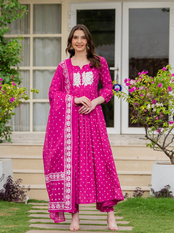 Pink Pure Cotton Printed Thread Work Round Neck 3/4 Sleeves Calf Length Anarkali Kurta, Pant & Dupatta Set Mizaz Jaipur