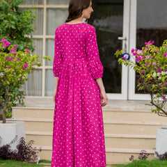 Pink Pure Cotton Printed Thread Work Round Neck 3/4 Sleeves Calf Length Anarkali Kurta, Pant & Dupatta Set Mizaz Jaipur