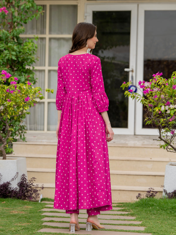 Pink Pure Cotton Printed Thread Work Round Neck 3/4 Sleeves Calf Length Anarkali Kurta, Pant & Dupatta Set Mizaz Jaipur