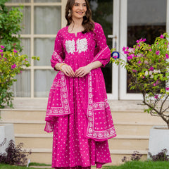 Pink Pure Cotton Printed Thread Work Round Neck 3/4 Sleeves Calf Length Anarkali Kurta, Pant & Dupatta Set Mizaz Jaipur
