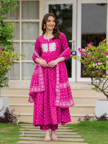 Pink Pure Cotton Printed Thread Work Round Neck 3/4 Sleeves Calf Length Anarkali Kurta, Pant & Dupatta Set Mizaz Jaipur