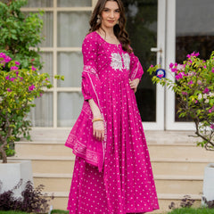 Pink Pure Cotton Printed Thread Work Round Neck 3/4 Sleeves Calf Length Anarkali Kurta, Pant & Dupatta Set Mizaz Jaipur