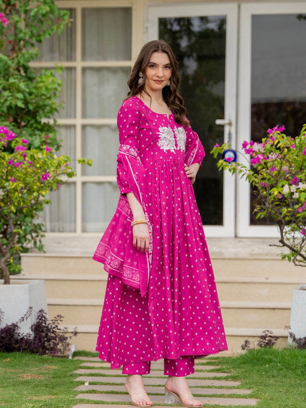 Pink Pure Cotton Printed Thread Work Round Neck 3/4 Sleeves Calf Length Anarkali Kurta, Pant & Dupatta Set Mizaz Jaipur