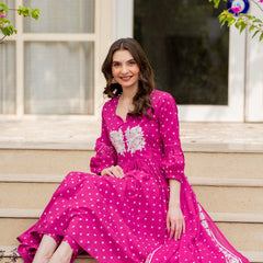 Pink Pure Cotton Printed Thread Work Round Neck 3/4 Sleeves Calf Length Anarkali Kurta, Pant & Dupatta Set Mizaz Jaipur