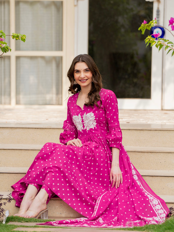 Pink Pure Cotton Printed Thread Work Round Neck 3/4 Sleeves Calf Length Anarkali Kurta, Pant & Dupatta Set Mizaz Jaipur