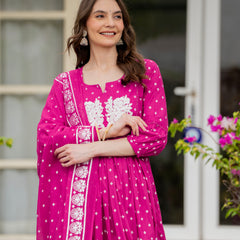 Pink Pure Cotton Printed Thread Work Round Neck 3/4 Sleeves Calf Length Anarkali Kurta, Pant & Dupatta Set Mizaz Jaipur