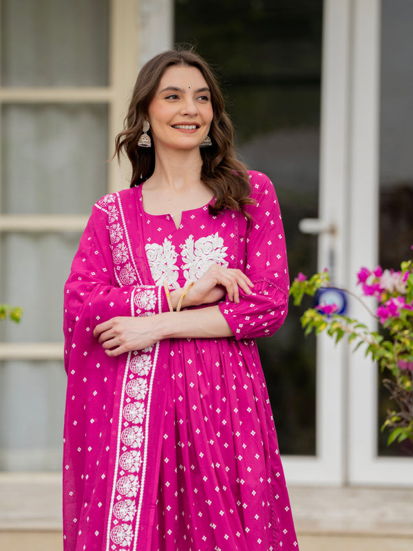 Pink Pure Cotton Printed Thread Work Round Neck 3/4 Sleeves Calf Length Anarkali Kurta, Pant & Dupatta Set Mizaz Jaipur