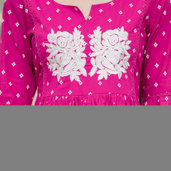 Pink Pure Cotton Printed Thread Work Round Neck 3/4 Sleeves Calf Length Anarkali Kurta, Pant & Dupatta Set Mizaz Jaipur