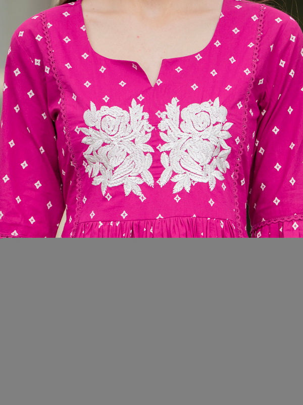 Pink Pure Cotton Printed Thread Work Round Neck 3/4 Sleeves Calf Length Anarkali Kurta, Pant & Dupatta Set Mizaz Jaipur