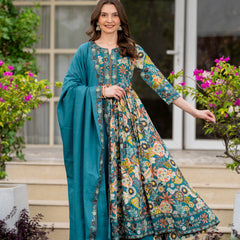 Tealblue Pure Cotton Printed Round Nack 3/4 Sleeves Calf Length Anarkali Kurta, Pant & Dupatta Set Mizaz Jaipur