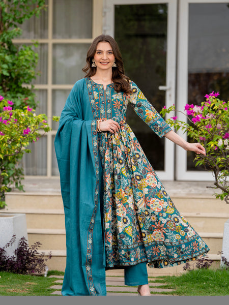 Tealblue Pure Cotton Printed Round Nack 3/4 Sleeves Calf Length Anarkali Kurta, Pant & Dupatta Set Mizaz Jaipur