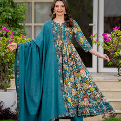 Tealblue Pure Cotton Printed Round Nack 3/4 Sleeves Calf Length Anarkali Kurta, Pant & Dupatta Set Mizaz Jaipur