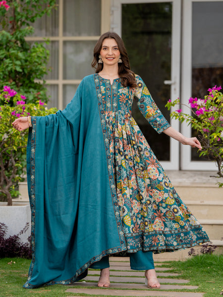 Tealblue Pure Cotton Printed Round Nack 3/4 Sleeves Calf Length Anarkali Kurta, Pant & Dupatta Set Mizaz Jaipur
