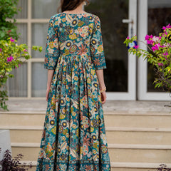 Tealblue Pure Cotton Printed Round Nack 3/4 Sleeves Calf Length Anarkali Kurta, Pant & Dupatta Set Mizaz Jaipur
