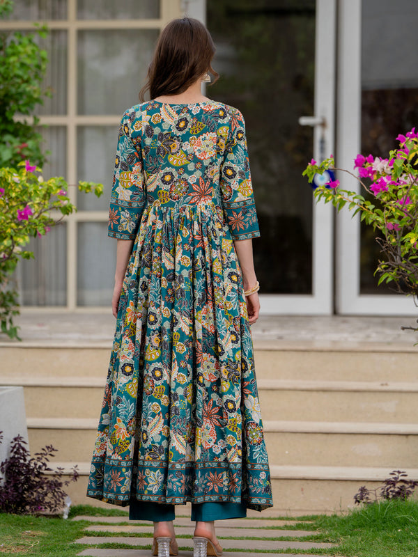 Tealblue Pure Cotton Printed Round Nack 3/4 Sleeves Calf Length Anarkali Kurta, Pant & Dupatta Set Mizaz Jaipur