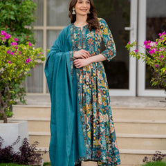Tealblue Pure Cotton Printed Round Nack 3/4 Sleeves Calf Length Anarkali Kurta, Pant & Dupatta Set Mizaz Jaipur
