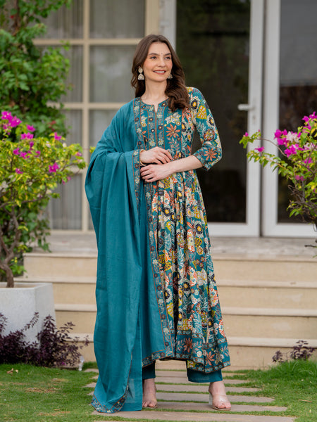 Tealblue Pure Cotton Printed Round Nack 3/4 Sleeves Calf Length Anarkali Kurta, Pant & Dupatta Set Mizaz Jaipur